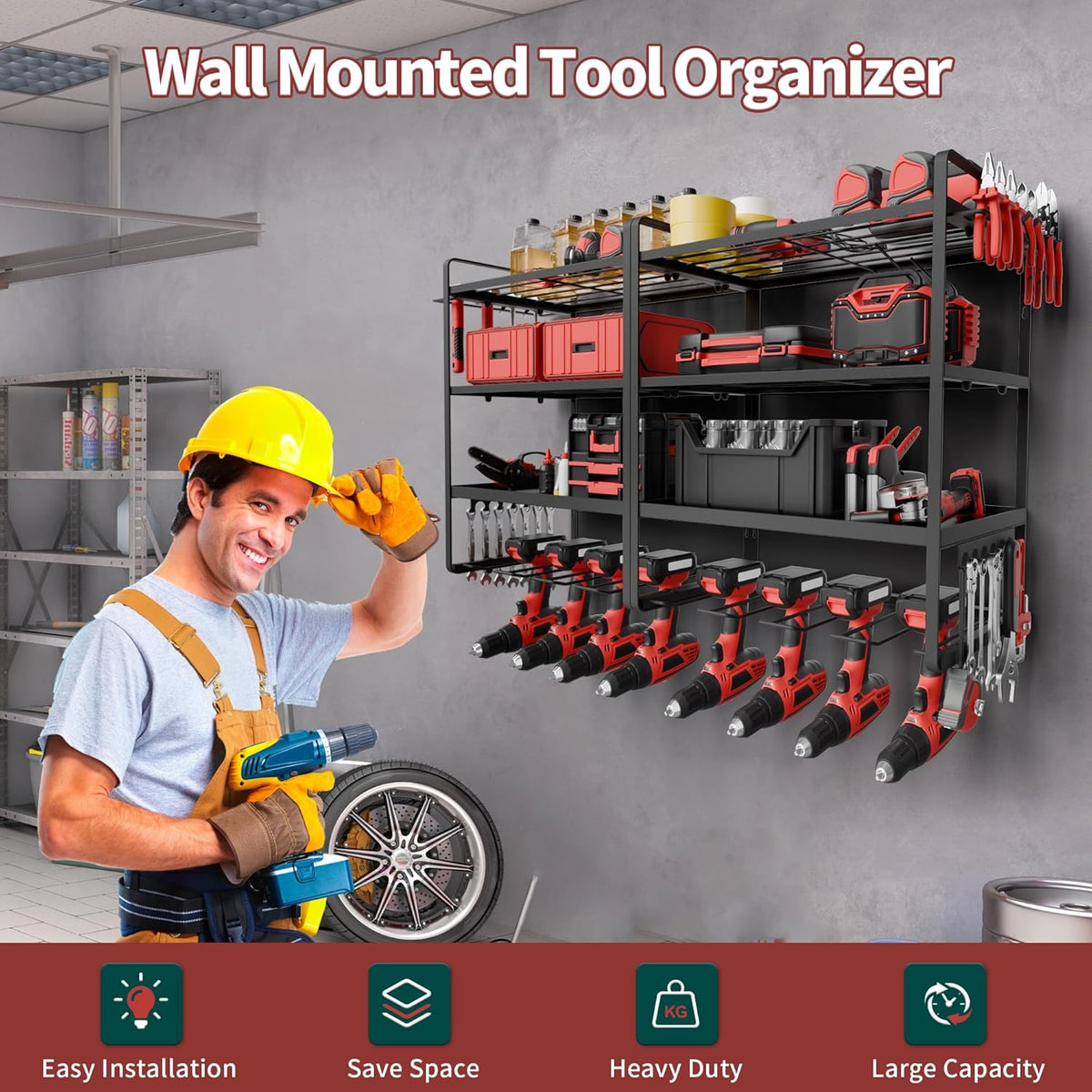 NINAT Heavy Duty 4-Tier Wall Mount Tool Organizer Rack - 8 Drill Holders, 150lb Capacity for Power Tools, Cordless Drills | Garage, Workshop, Shed & Basement Storage Solution