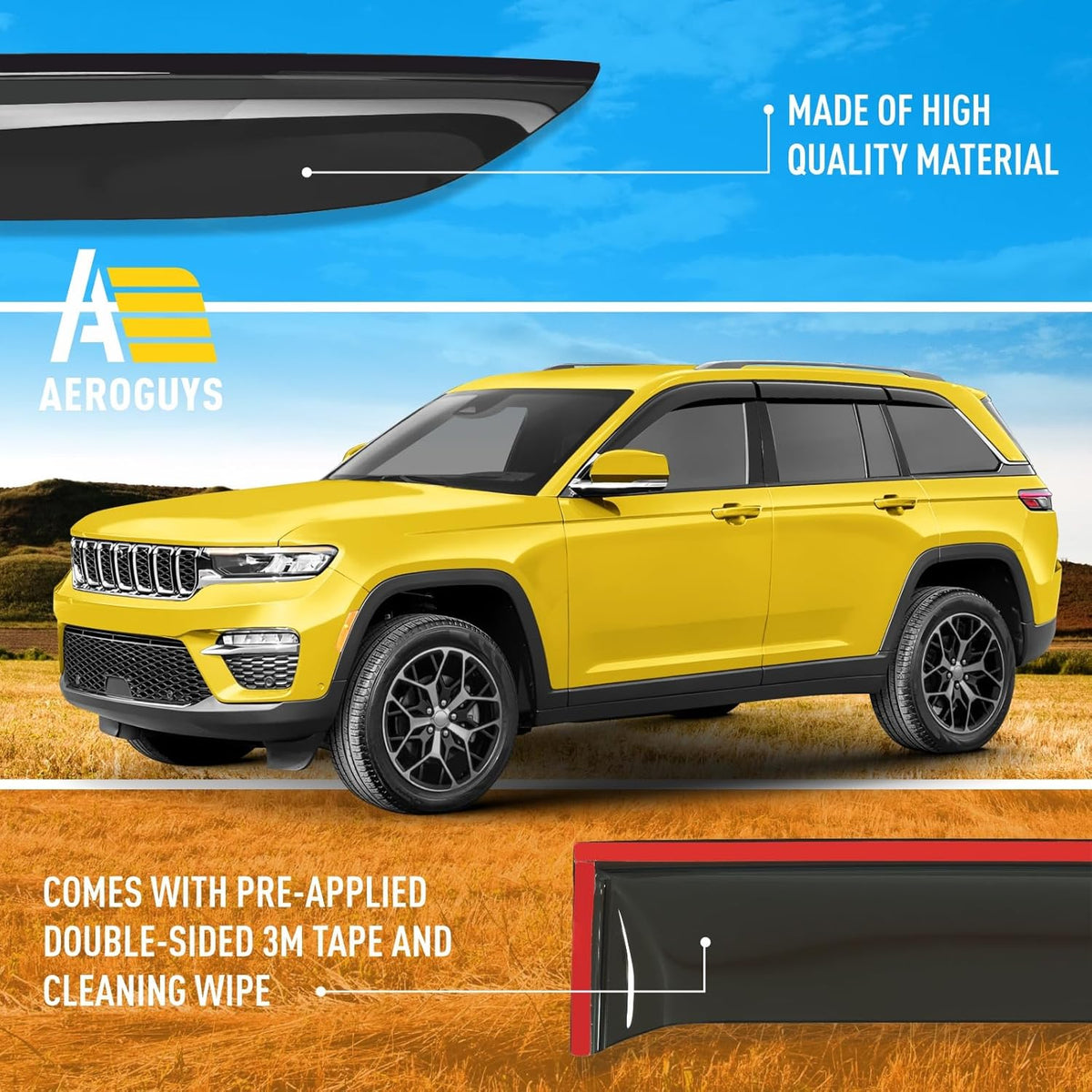 Extra Durable Window Deflectors Tape-On Window Visors Rain Guards Fit for Jeep Grand Cherokee 2022-2025, Sun Visors, Wind Vent for Shades, Exterior Car Accessories - 6pcs. AG0243