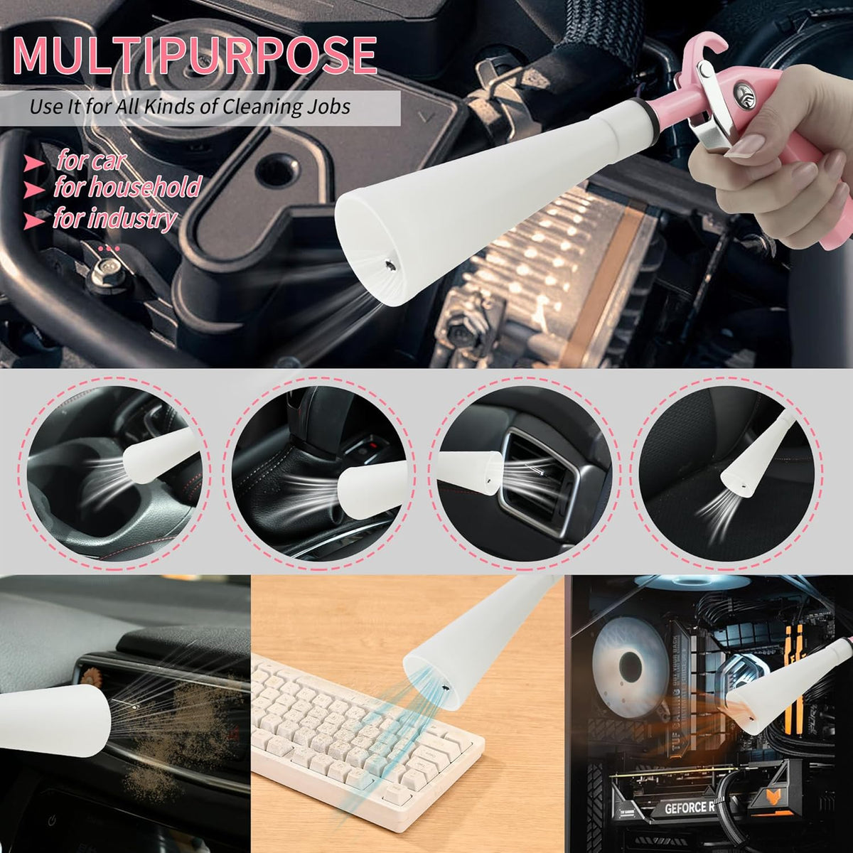 XIAOFENG Tornado Dry Cleaning Gun Detailing Interior Dryer Air Blow Gun with 2 Set Nozzle High Pressure Car Drying Blower Gun for Women Car Quickly Blasts Dirt and Dust from Surface Pink