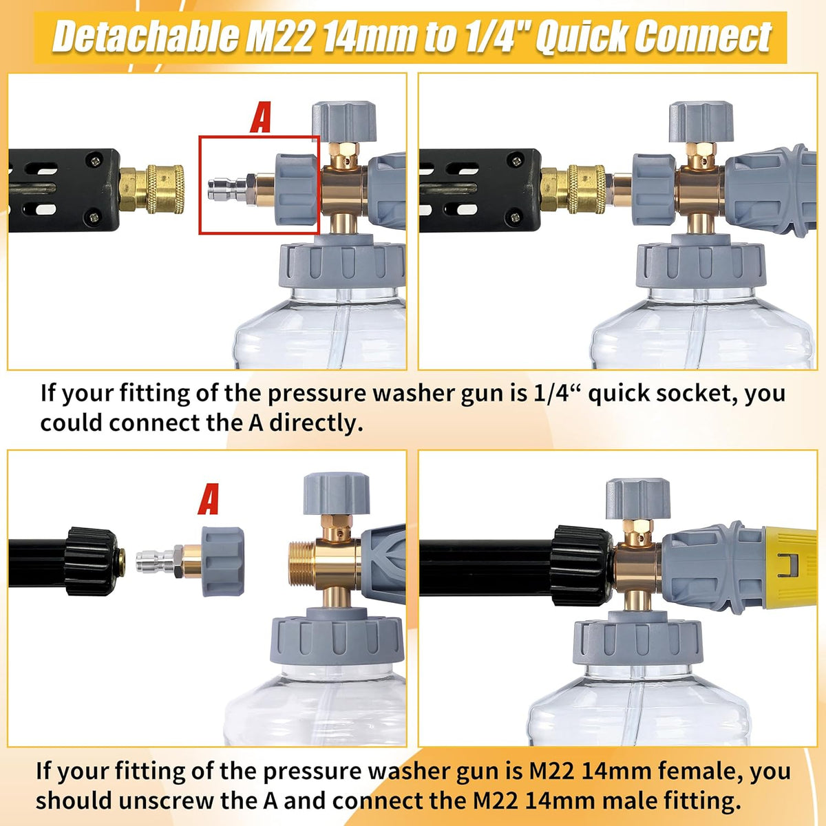 Tool Daily Foam Cannon for Pressure Washer with Dual Connector Accessory, Adjustable Soap Cannon with M22-14 and 1/4” Quick Connect Fittings, Additional Orifice Nozzle 1.1mm, 1.5 Liter