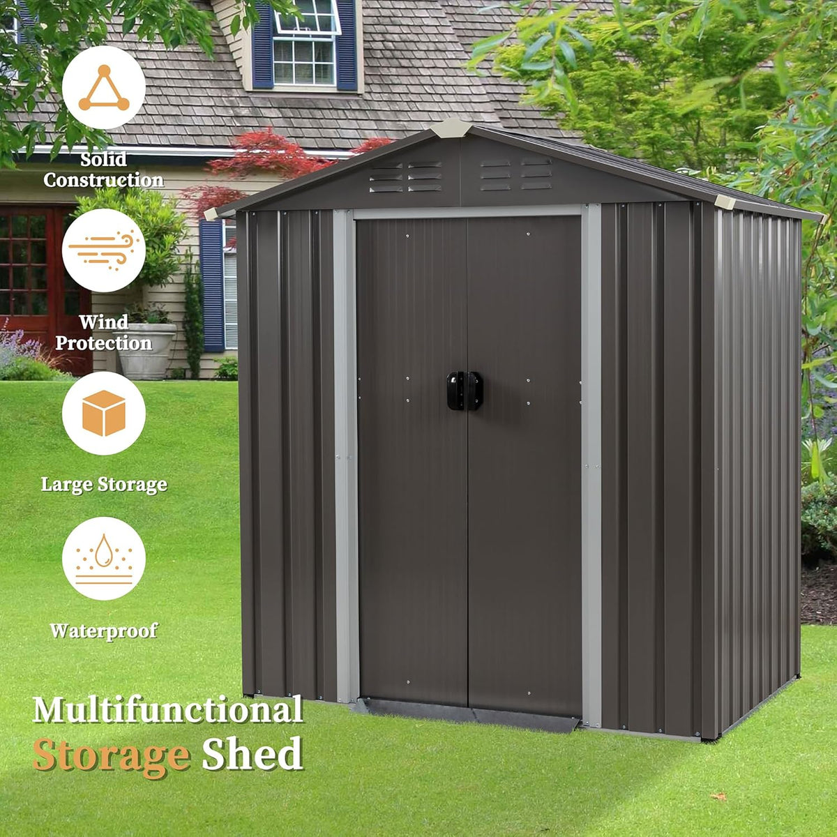 Vongrasig Outdoor Storage Shed, 6 x 4 FT Outside Metal Garden Shed with Large Window and Lockable Door, Waterproof Tool Shed for Backyard Patio, Lawn and Garden (Gray)