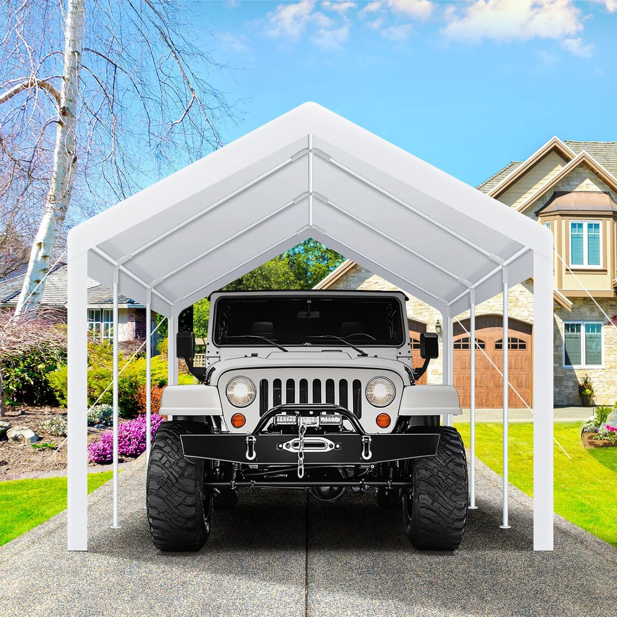 COBIZI Carport Canopy 12x20 Heavy Duty Car Tent Garage, Galvanized Frame Car Canopy Outdoor Shelter Waterproof & UV Protected with Built-in Sandbags & All-Season Tarp for Car Boat Truck, White
