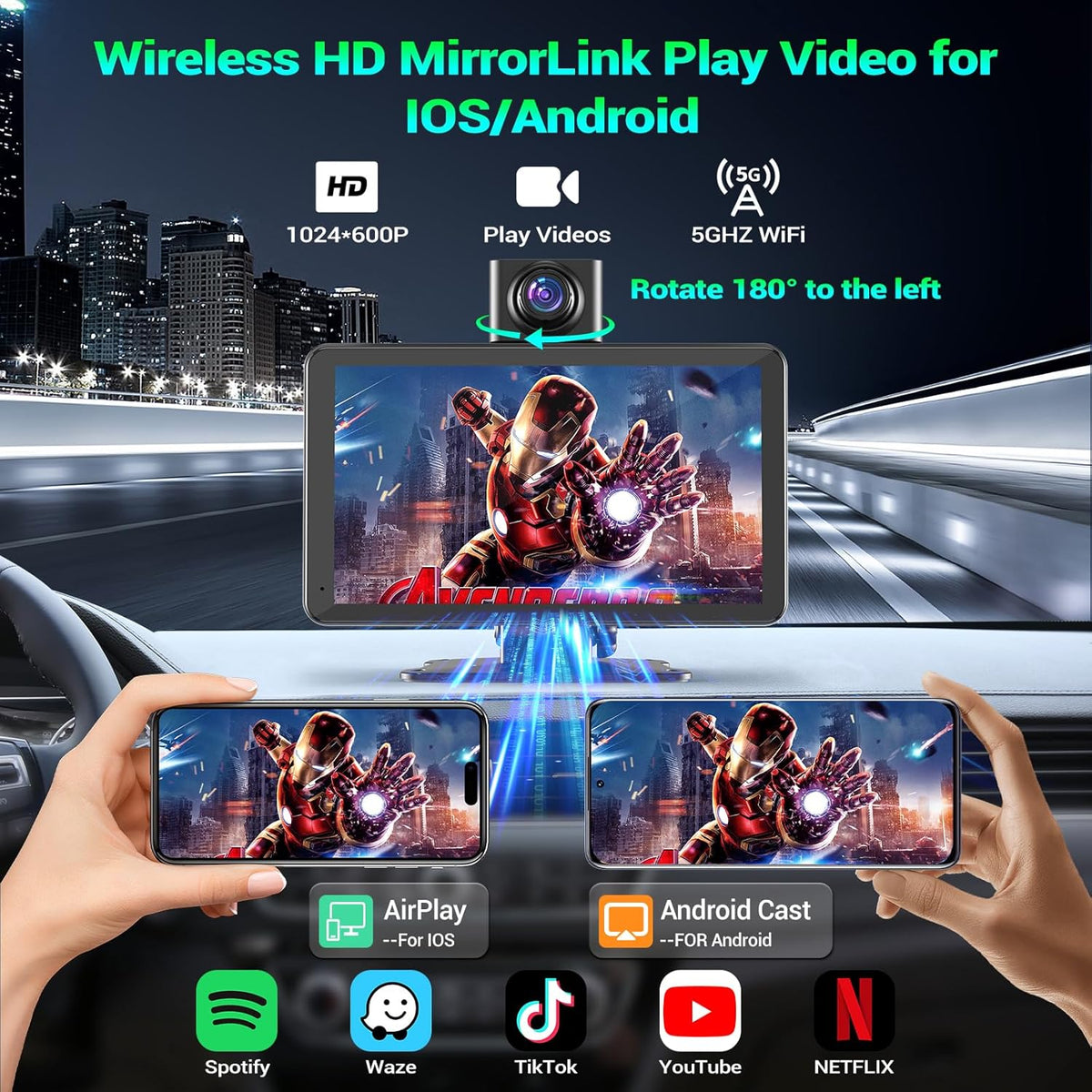 Carplay Screen for Car, 7" Portable Wireless Car Stereo for Apple Carplay & Android Auto,Touchscreen CarPlay Dash Cam,Audio Receivers W/Mirror Link/Rear Camera/Bluetooth/Navigation/AUX/Voice Control