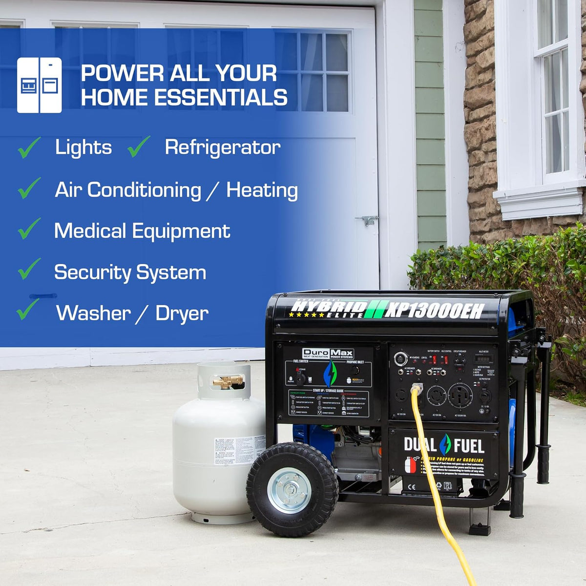 DuroMax XP13000EH 13,000-Watt Dual Fuel Portable Generator - Gas & Propane, Electric Start, Whole Home Backup Power, Transfer Switch Ready, RV & Emergency Ready