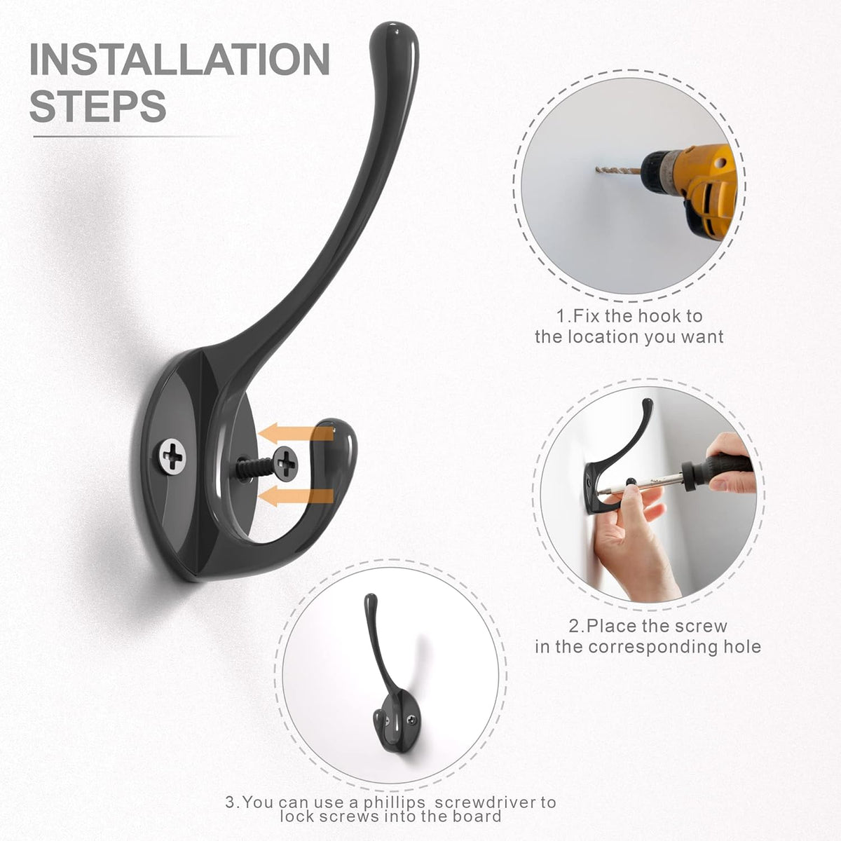 Coat Hooks | Wall Mount Coat Hangers | Black Metal Hooks for Wall with 20 Screws (10Pack)