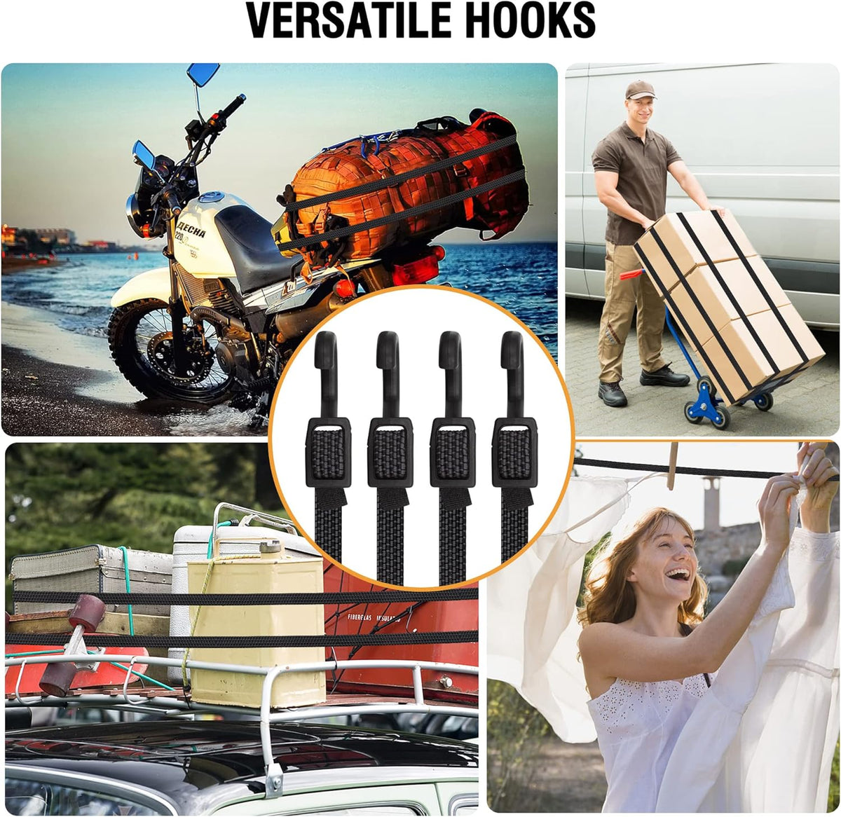 Bungee Cords with Hooks Heavy Duty, Flat Adjustable Bungee Cords with Hooks 60 Inch, Rubber Black Bungee Straps with Buckle Hooks for Outdoor, Camping, Tarps, Bike Rack, Tent, Truck, 4 Pack