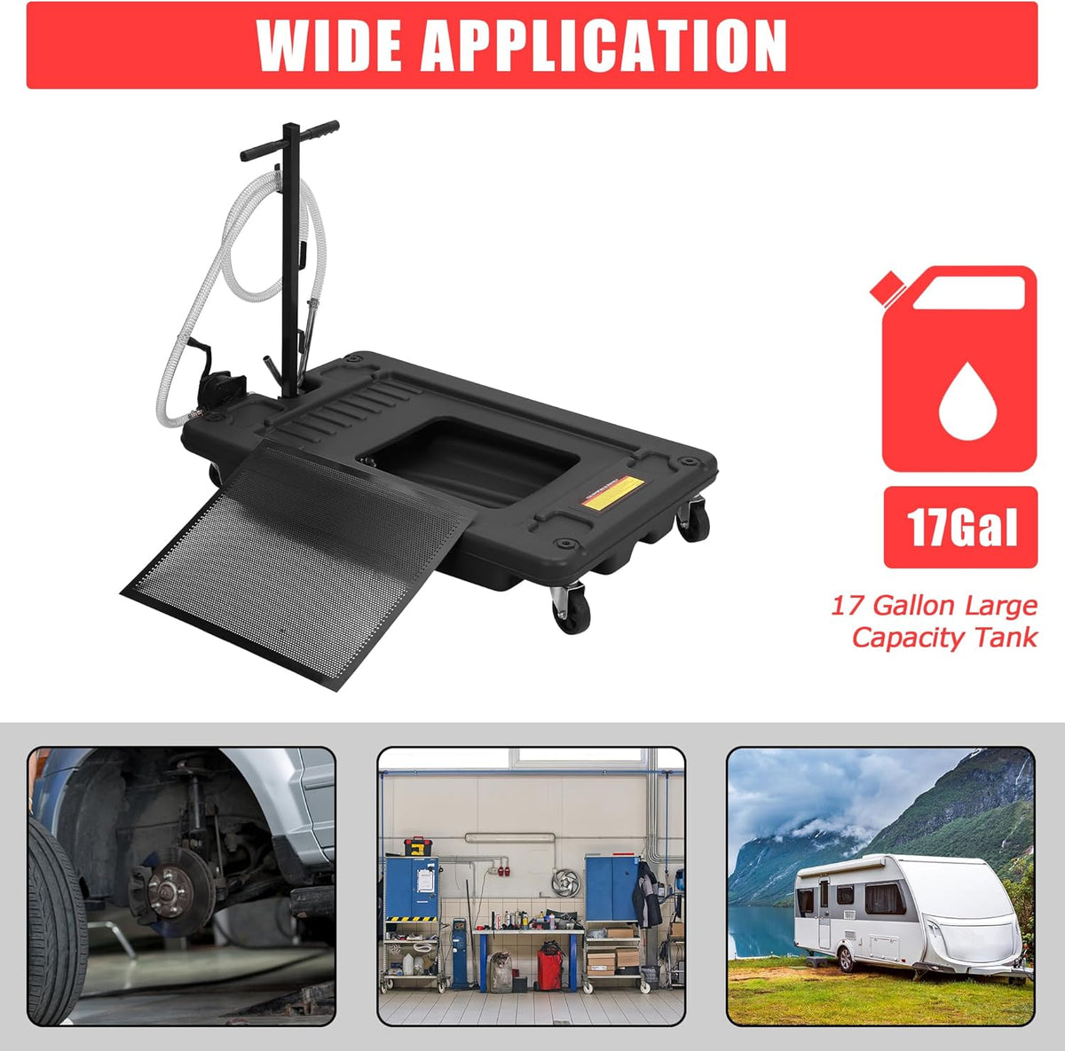 17 Gal Low Profile Oil Drain Pan, Heavy Duty Mobile Oil Changing Pan with Hand Pump, 8 Ft Hose & Quick Drain Valve, Leak-Proof Design for Truck Car Motorcycle, Garage Workshop Use