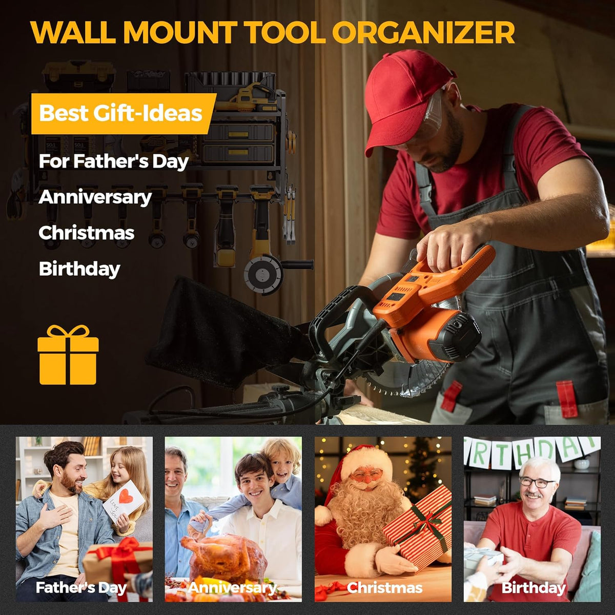 LBT Large Power Tool Organizer Wall Mount with Pegboard, Heightening Garage Power Tool Storage with 7 Cordless Drill Holder, Heavy Duty Metal Tool Shelf Battery Storage, Gifts For Men Father Husband