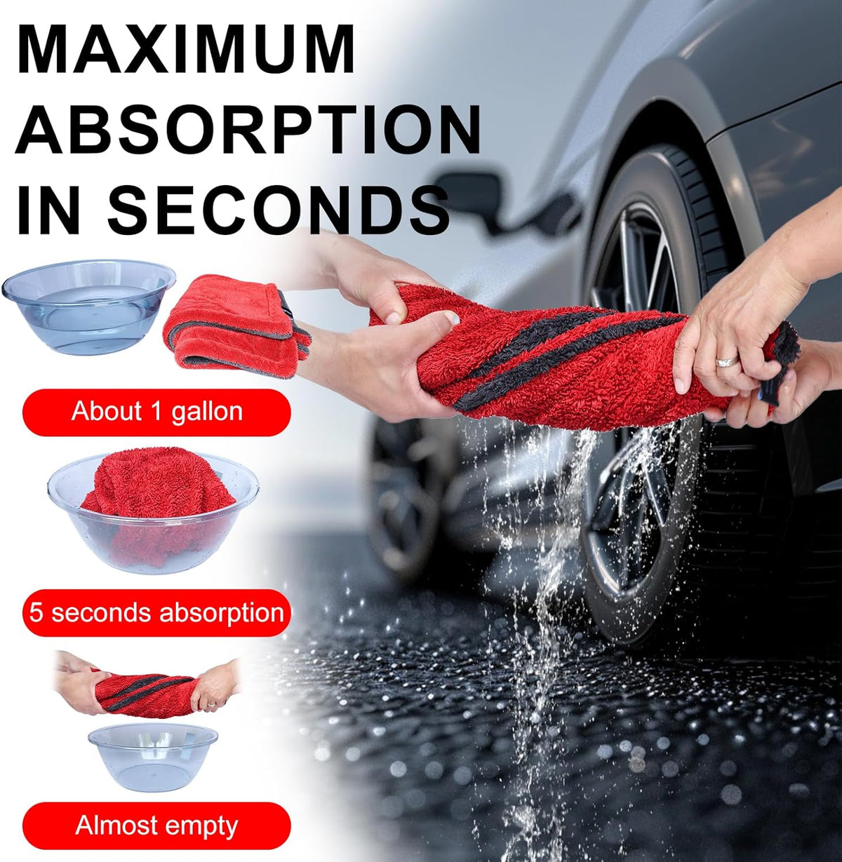 2 Pack XL Car Drying Towel – 1300GSM Ultra Absorbent Microfiber, 24"x36" Large Size, Twisted Loop, Lint-Free & Streak-Free for Auto Detailing, Car, SUV, Truck(Gray-RED)