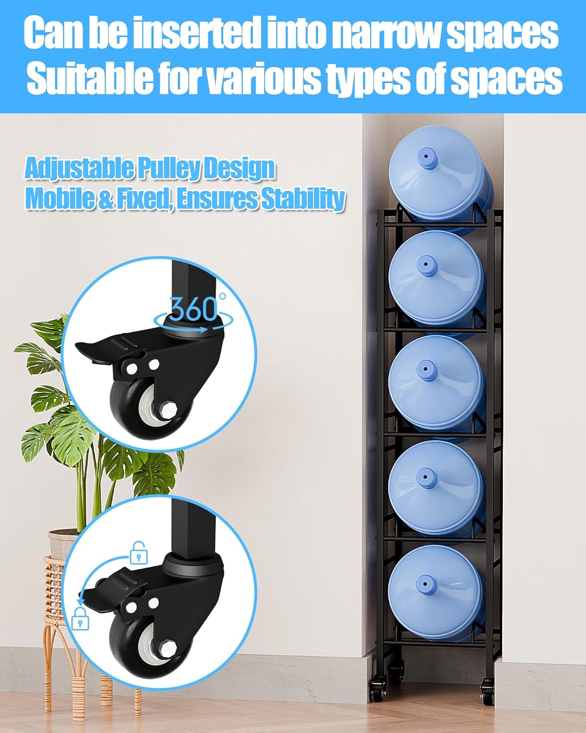 5 Gallon Water Jug Holder, Movable 5 Tier Heavy Duty Water Rack with 4 Wheels, Rack for Water Jug Storage, Space Saving Water Stand for Five 5 Gallon Water Jugs, Black