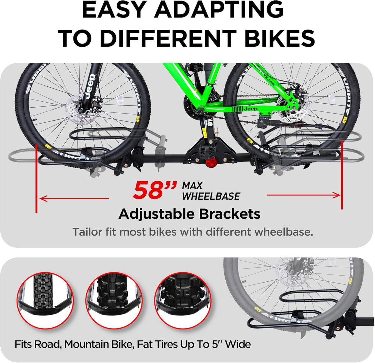 Young 200 lbs. Capacity Hitch Mounted 2-Bike Rack with Lock for Standard, Mountain, Fat Tire Bikes, fit Car, SUV, Van, RV, Trailer, Truck,Fits up to 5" Fat Tire Width and 50" Wheelbase,for 2" Receiver