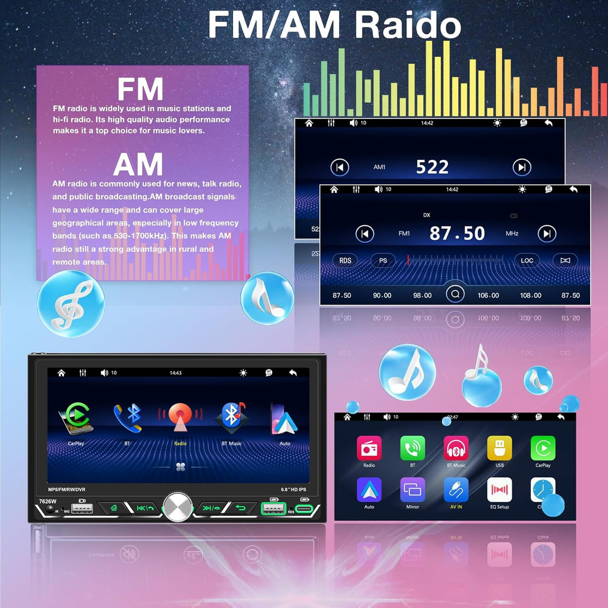 Wireless Apple CarPlay,Double Din Car Stereo,Bluetooth 5.2,FM AM Car Radio,HD 1280*600 Display,6.8" IPS Touchscreen,GPS Navigation,Android Auto,Backup Camera,MP5,Subwoorf,Type-C Fast Charging,Dual USB