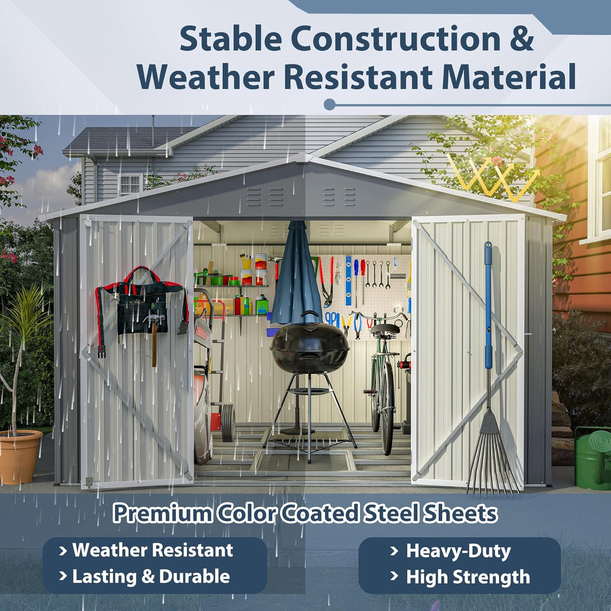 10X8 FT Outdoor Metal Storage Shed with Lockable Door & Floor Frame, Heavy-Duty Garden Tool Shed, Weatherproof Steel Utility Shed for Backyard, Patio, or Lawn Organization