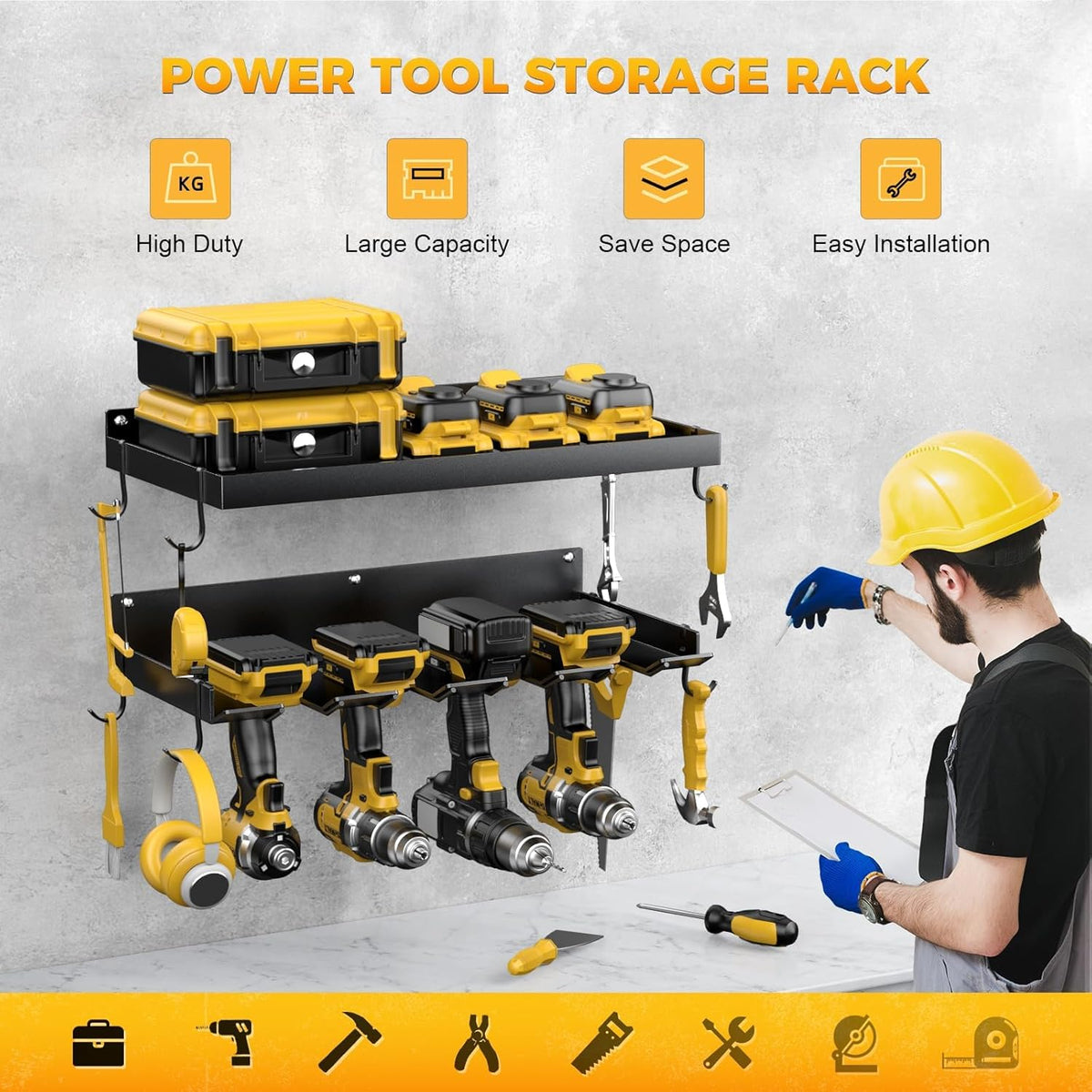 Power Tool Organizer Wall Mount with 4 Drill Holder, Formed Integrally Heavy Duty Garage Tool Organizers and Storage with Hooks for Battery, Tool Box, Screwdriver, Plier and Hammers Gifts for Men
