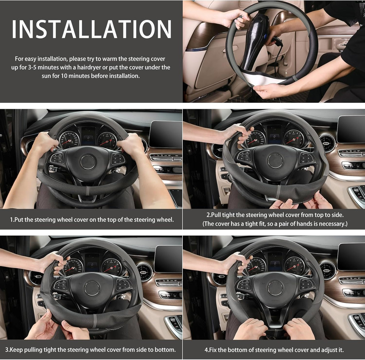 COFIT Breathable Car Steering Wheel Cover 15 inch Auto Universal Leather Wrap Non-Slip Steeringwheel Protector Automotive Interior Accessories, Grey (Suit for 14.5-15 inch)