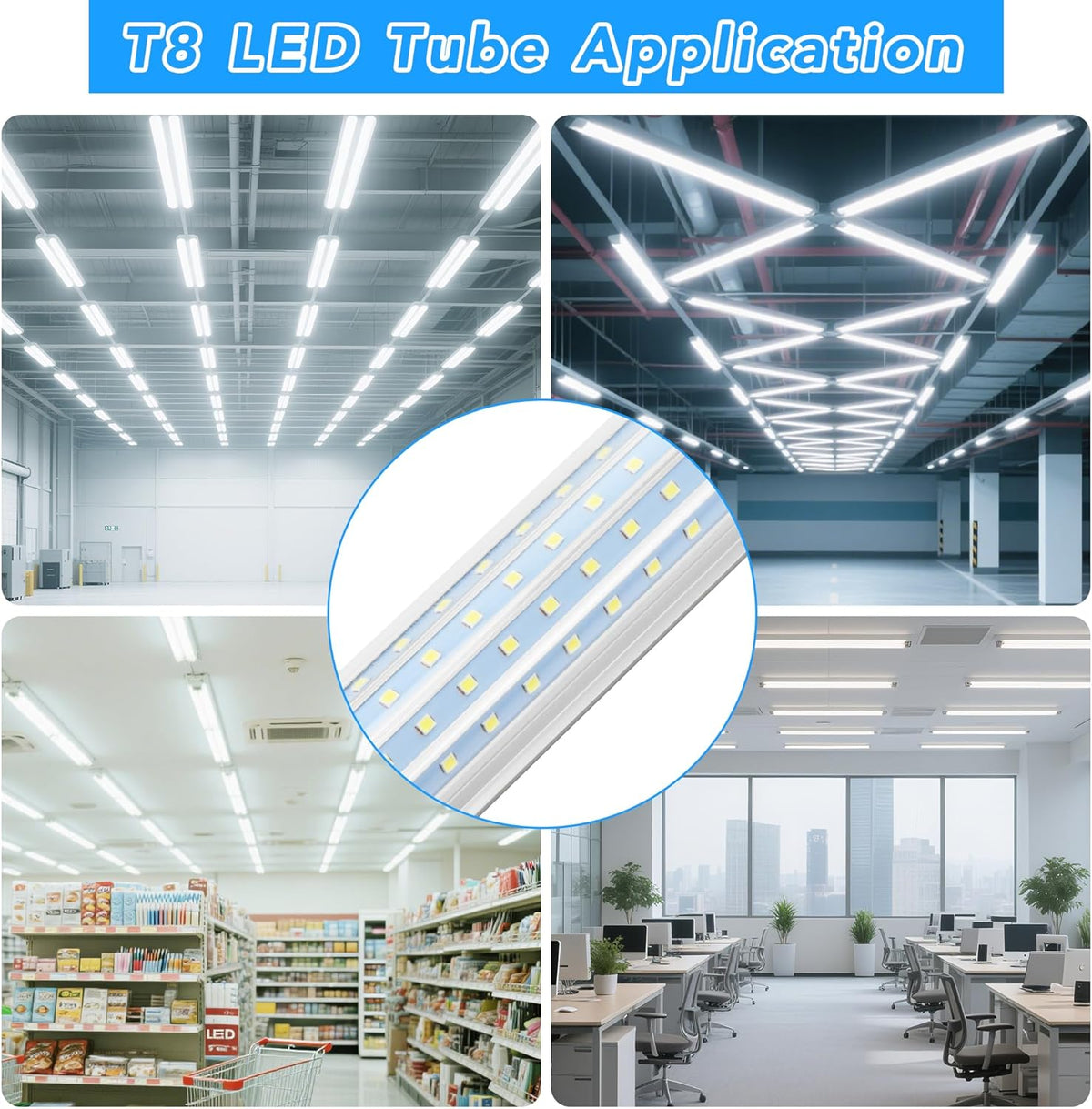 6 Pack 8FT T8 LED Shop Lights, 120W Integrated Tube Light, 19200LM 6000-6500K Daylight, Linkable Lighting, Plug & Play Energy-Saving Commercial Bay Lighting for Garage Warehouse Basement (V8)