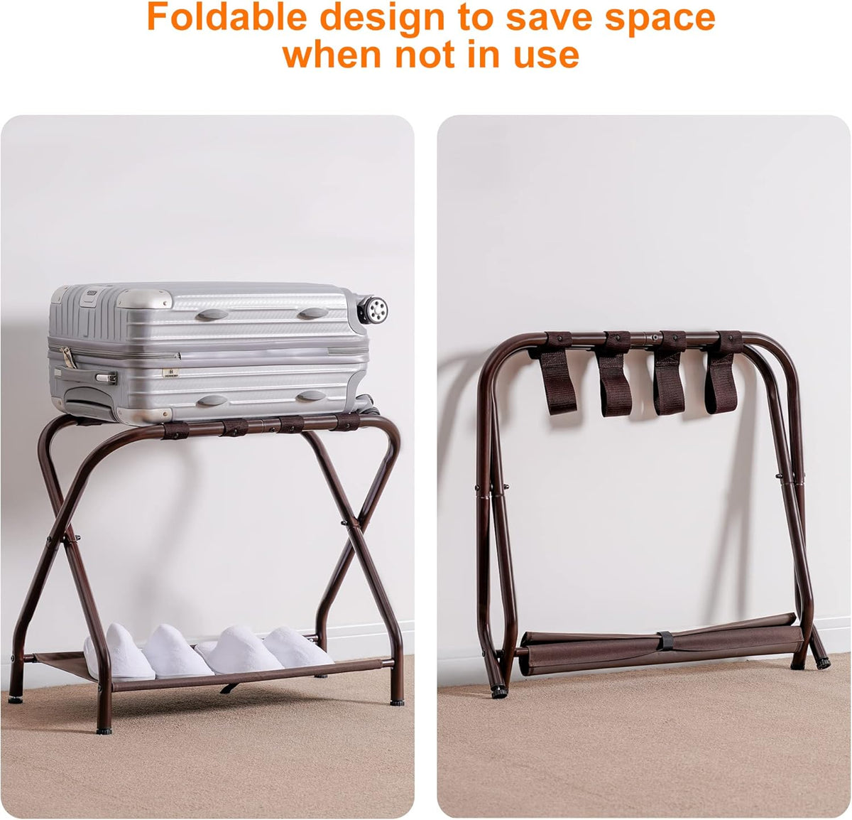 Heybly Luggage Rack, Pack of 2, Steel Folding Suitcase Stand with Storage Shelf for Bedroom, Hotel, Foldable Steel Frame, Guest Room Bedroom Hotel, 26.2" L x 14.4" W x 20.5" H, Brown HLR004Z2