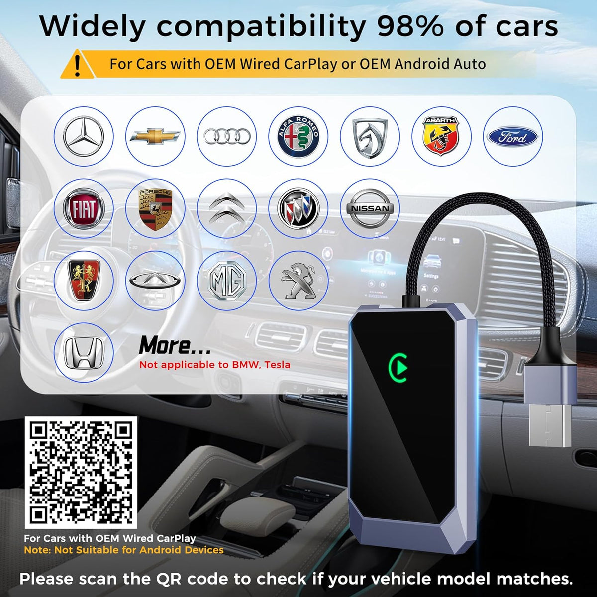Wireless CarPlay Adapter for Apple iPhone, Convert Wired CarPlay to Wireless, Plug-and-Play, Stable Connection Compatible with OEM Wired CarPlay Vehicles & iOS 10+