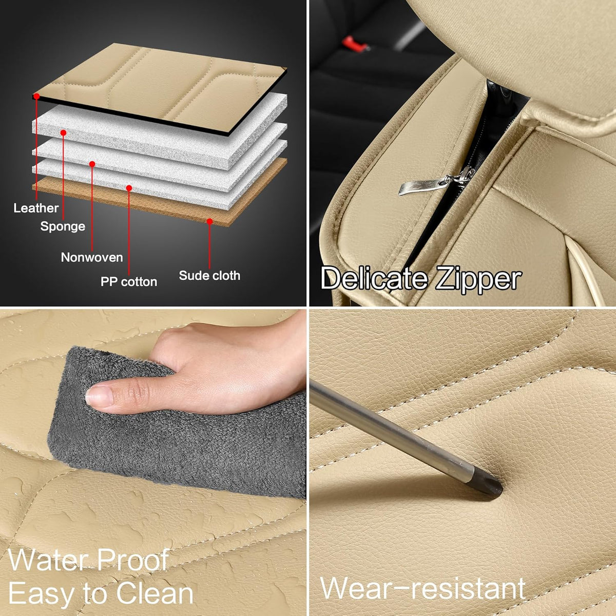Pariitadin Leather Car Seat Covers Full Set, Waterproof Breathable Faux Leather Automotive Seat Covers for Cars, Non-Slip Car Interior Covers Universal Fit Most Cars Sedans Trucks SUVs, Beige