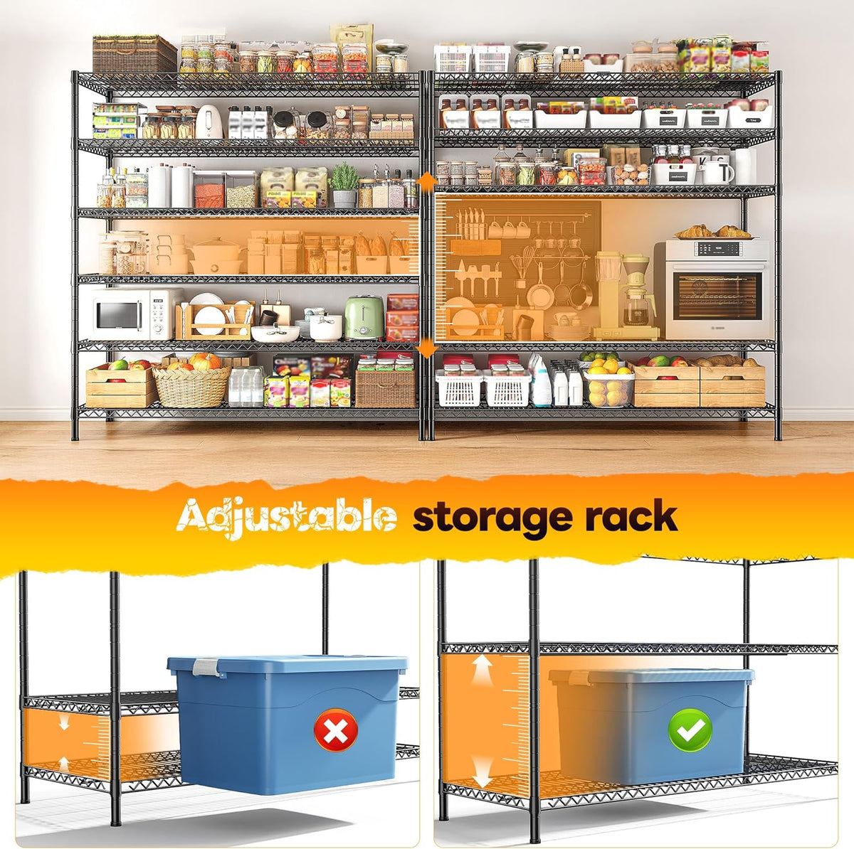 REIBII 83"H Storage Shelves 3840LBS Metal Shelving Unit Garage Shelving Heavy Duty 6 Tier Commercial Adjustable Wire Shelving for Storage Rack for Pantry, Garage, Kitchen, 83"H x 55.5"W x 18"D, 2PCS