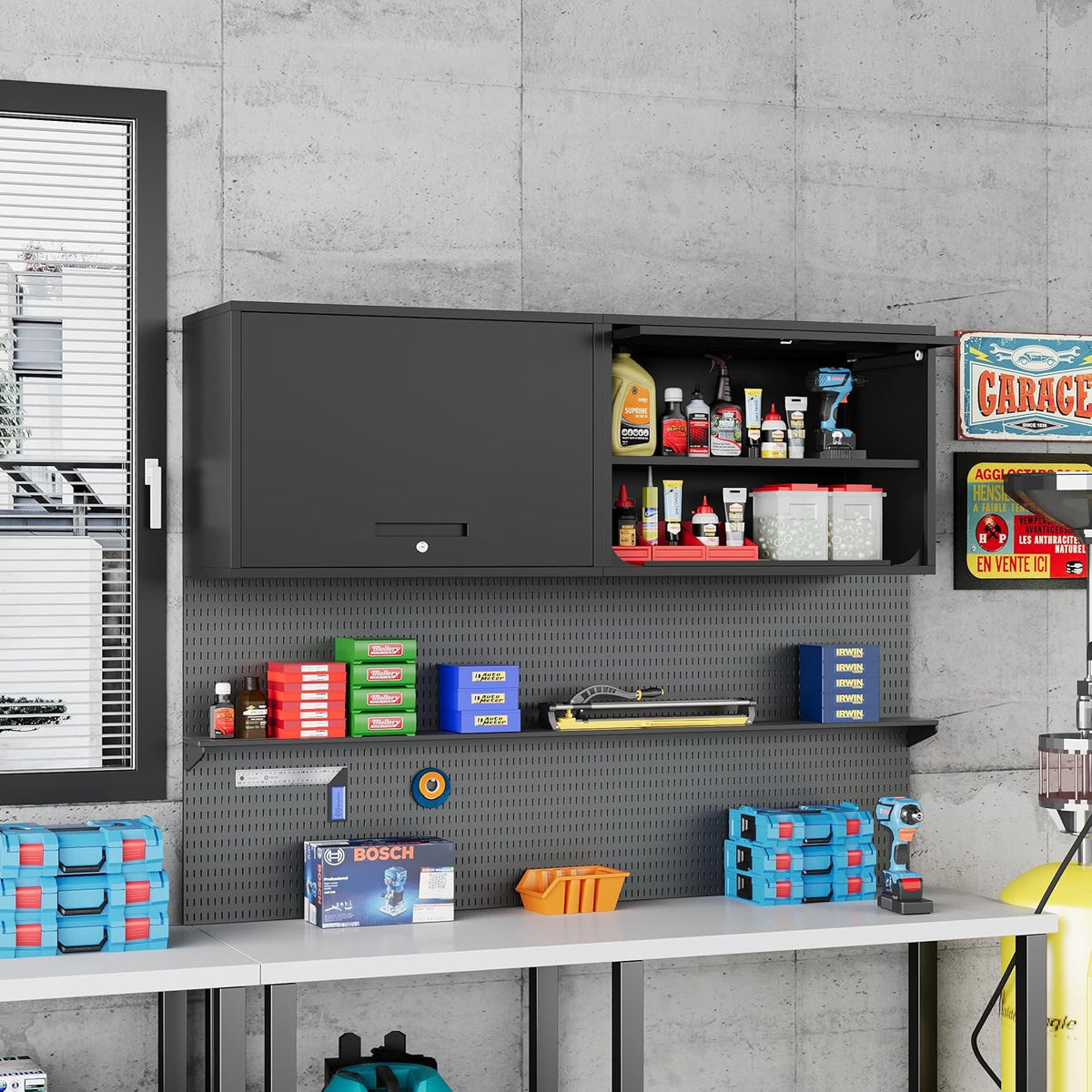 Metal Storage Cabinet Black Wall Cabinets with Shelf and Locking Door - Wall Mounted Storage Cabinet for Garage Warehouse Home Office - Assembly Required