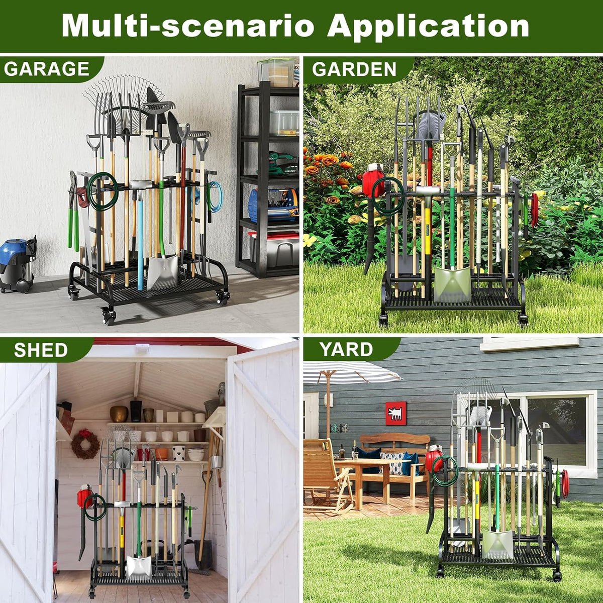 Garden Tool Organizer with Wheels, Large Capacity Garage Tool Rack with Hooks, for Broom, Shovel, Long Handled Tools, Metal Yard Tool Organizer for Garage, Shed, Outdoor