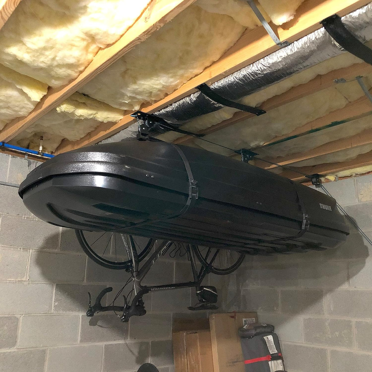 Teal Triangle Ceiling Storage Hoist for Cargo Box - Heavy Duty Garage Storage Lift - Garage Pulley Lift System Holds 150 lbs and Fits 8-10 ft Tall Garage Ceilings