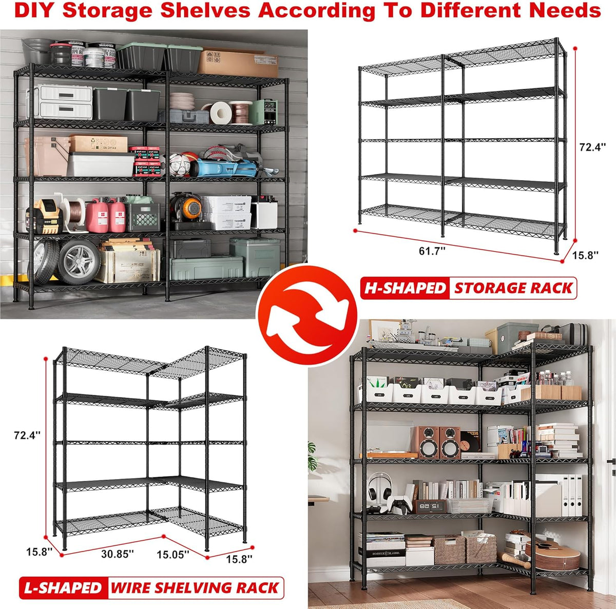 REIBII 5-Tier Heavy Duty Metal Wire Shelves, Industrial Style, 61.7"W x 72.4"H x 15.8"D, 1500 LBS Capacity, Adjustable, Rust Resistant, 2 Pack
