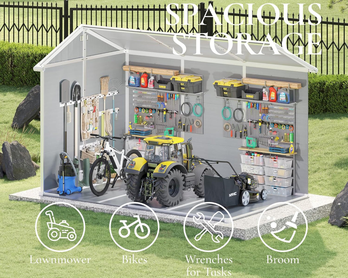 10.5x7.6x7.5 ft Outdoor Resin Storage Shed with Floor, Windows & Air Vents, Large Waterproof Tool Shed for Garden, Backyard, Lawn Equipments & Bikes, Grey