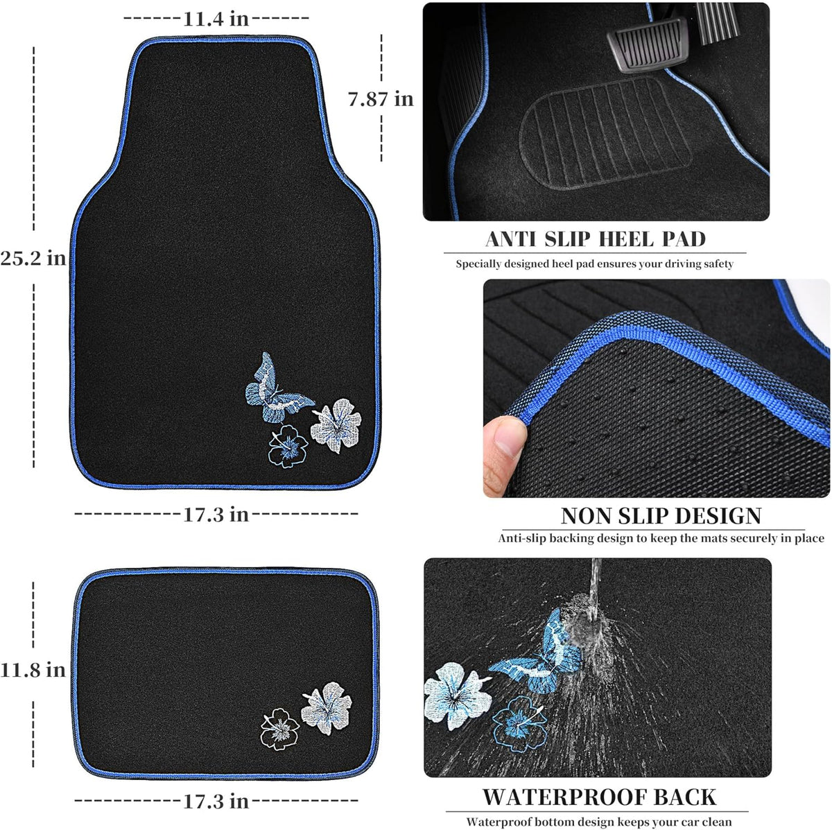 CAR PASS Blue Butterfly Car Seat Covers Full Set, Embroidered Flower Waterproof Car Floor Mats Carpet, Butterflies Steering Wheel Cover for Universal Car Accessories Interior Sets (Black and Blue)