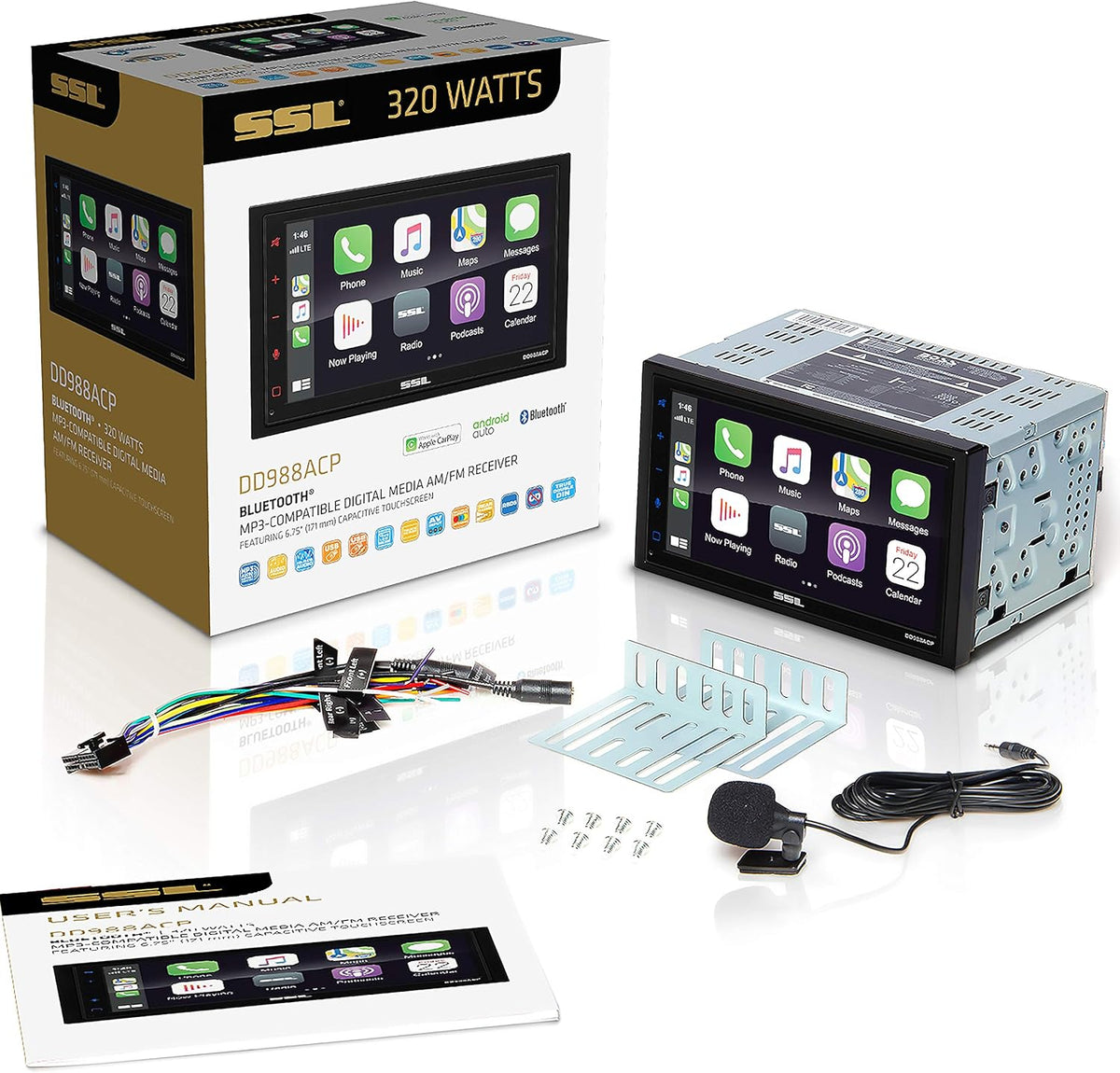 Sound Storm Laboratories DD988ACP Car Audio Stereo System – Apple CarPlay Android Auto, Double-Din 6.75 Inch Capacitive Touchscreen, Bluetooth Audio and Hands-Free Calling, No CD Player