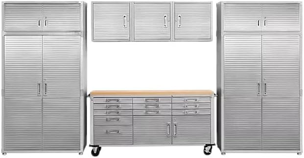 Heavy Duty 8-Piece Steel Garage Cabinet Storage Set With Rolling Workbench, 14 Feet Wide
