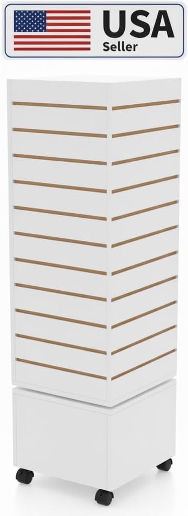 WISDOMFUR Rotating Slatwall Display Rack – 16"x16"x60" White Spinning Tower with Wheels – Retail Display Fixture for Accessories, Hooks & Shelves