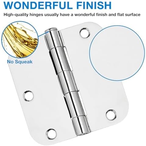 12 Pack Rounded Door Hinges 3.5 inch X 3-1/2" 5/8 Radius, Polished Chrome 3 ½ Inch Bright Sliver Interior Standard Hinge for Wood/French Style Clear Glass Doors Easy Install Hardware Accessories