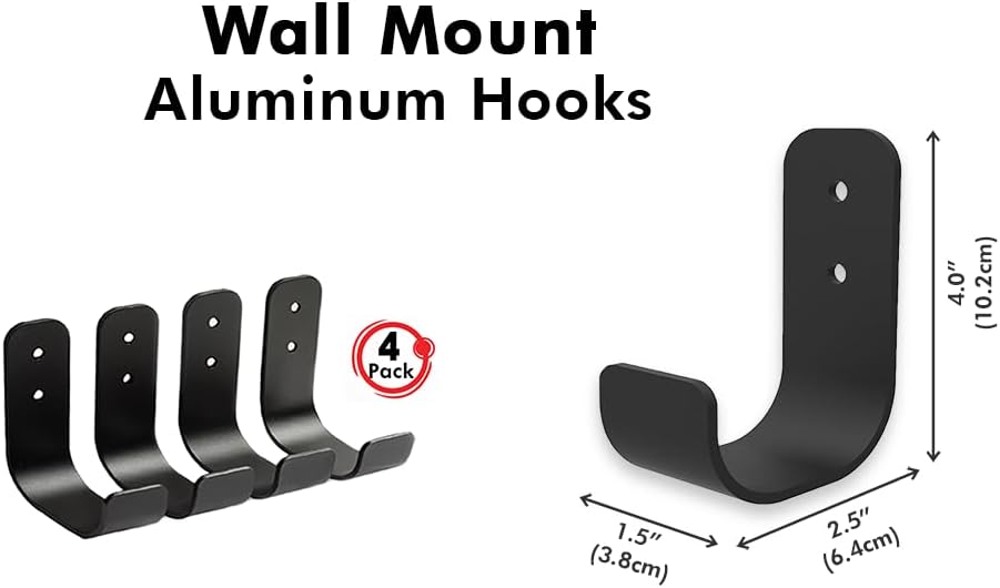 Heavy Duty Garage J Hooks - 4-Pack Wall Mount Organizer for Shop, Tools, Bike, Ladder with Installation Kits
