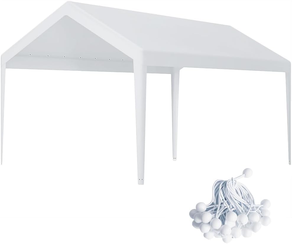 Rutile 12 x 20 FT Carport Replacement Cover, Heavy Duty Car Tarp Canopy Tent Garage Top Shelter Cover with Fabric Leg Pole Skirts and Ball Bungees White (Only Top Cover, Frame is not Included)
