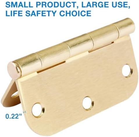 6 Pack Rounded Door Hinges 3.5 inch X 3-1/2" 5/8 Radius, Brushed Brass 3 ½ Inch Satin Gold Interior Standard Hinge for Bedroom Wood/French Style Clear Glass Doors Easy Install Hardware Accessories