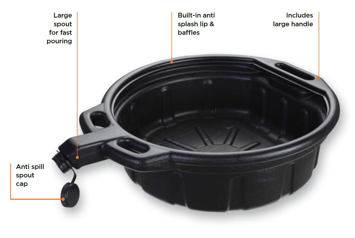 Groz 41960 4.25 Gallon Oil Drain Pan - with Spout Cap, Durable HDPE Construction, Spill-Proof Design for Auto Shops and Garages, Black Color