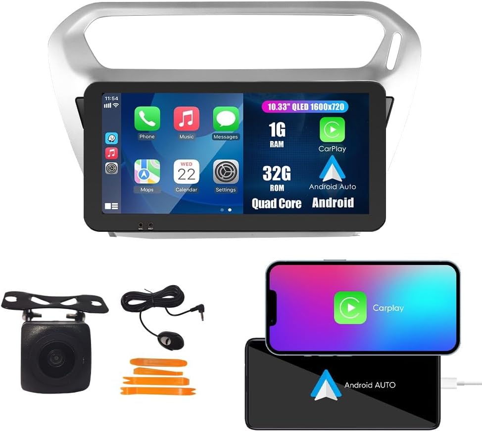 Kunfine Car CarPlay Android Auto Navigation Stereo GPS Radio Reverse Camera Display 10.33" QLED Touchscreen Headunit Tablet Pad Media Player For Peugeot 301 13-22 if Applicable Quad Core 1G+32G Silver