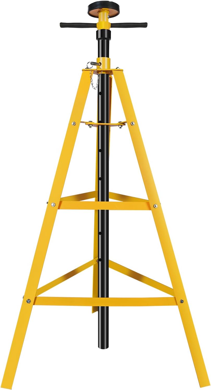 YELLOW JACKET Underhoist Support Stand 2 Ton Capacity, Lifting from 53" to 84", 12 Inch Diameter Base, Bearing Mounted Spin Handle, Contoured Saddle, Supports Vehicle Components, Self-Locking Screw