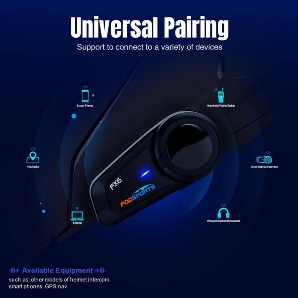 Fodsports FX6 Motorcycle Bluetooth Headset 2 Pack, 6 Riders Group Motorcycle Intercom Bluetooth, 1000M Motorbike Helmet Communication Systems/Voice Command/Universal Pairing/FM Radio
