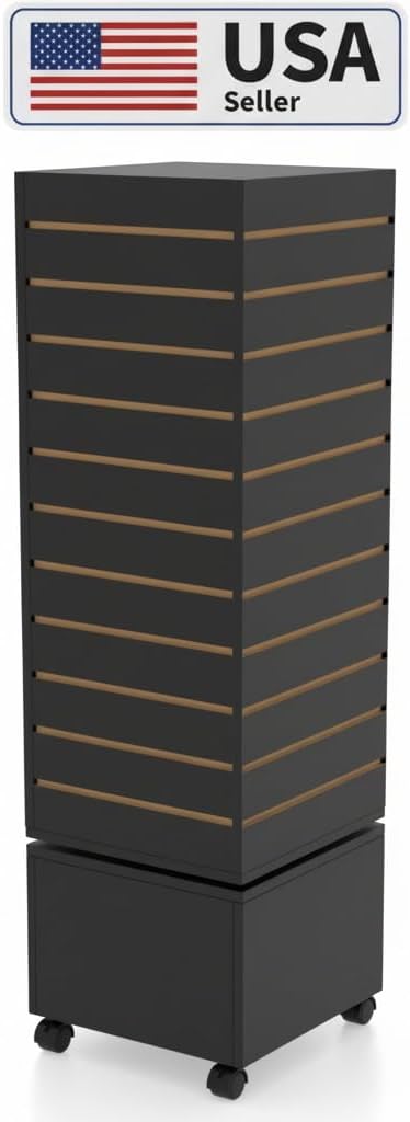WISDOMFUR Rotating Slatwall Display Rack – 16"x16"x60" Black Spinning Tower with Wheels – Retail Display Fixture for Accessories, Hooks & Shelves