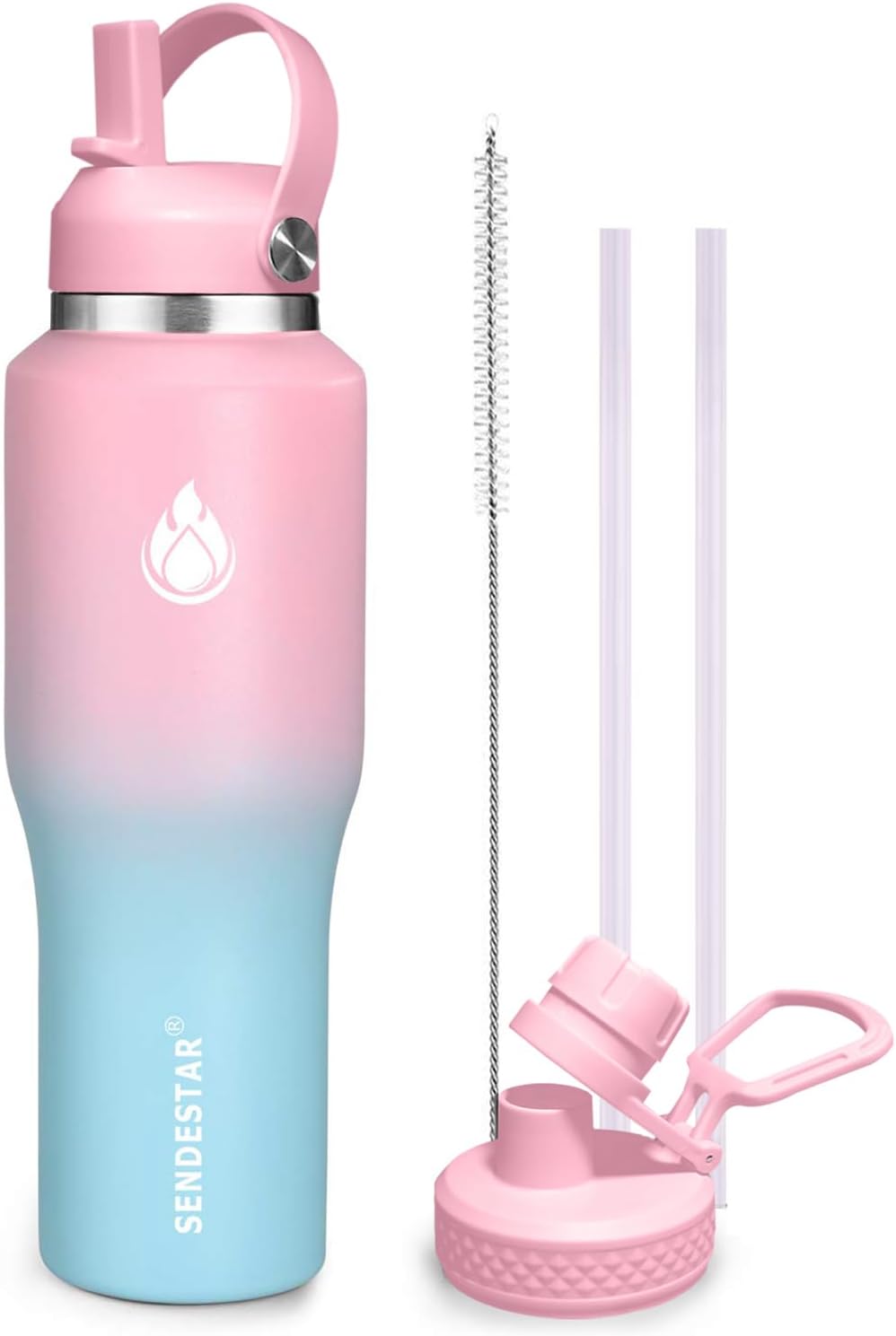 SENDESTAR 40oz Stainless Steel Water Bottle(Cold for 48 Hrs, Hot for 24 Hrs),Double Wall Vacuum Insulated Bottle with Straw Lid, Spout Lid and Flex Cap, Fit in Any Car Cup Holder 40-car-1-Pink-B-1