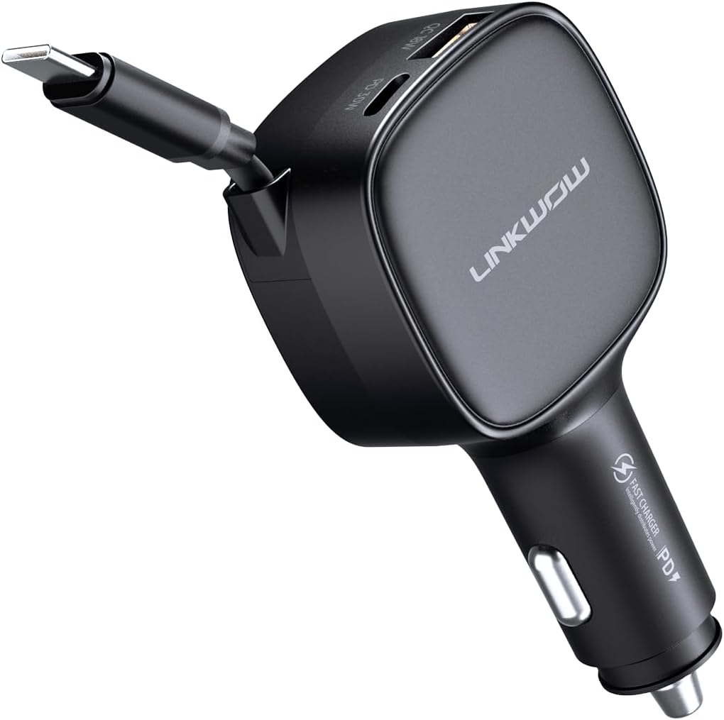 Retractable Car Charger USB C, 84W Max, Ultra-Compact, Type-C Fast Charger with Built-in Retractable USB-C Cable, Car Adapter for iPhone 16/15 Series, MacBook Pro/Air, iPad, AirPods Black