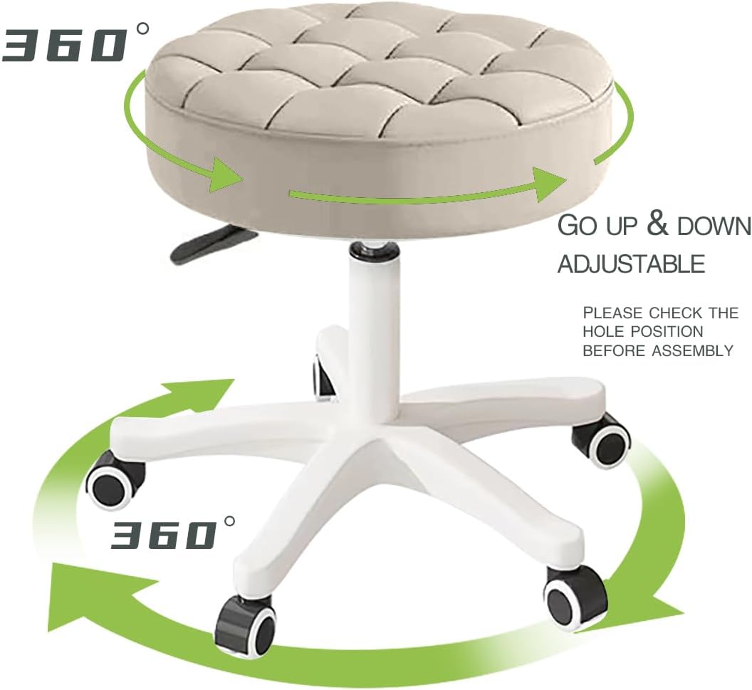Small Chair Round Rolling Stool with Wheels PU Leather Height Adjustable Swivel Drafting Work SPA Salon Stools Home Office Chair