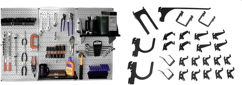 Wall Control Metal Pegboard Tool Organizer Kit (30-WRK-400GB) and Wall Control 26 Piece Deluxe Slotted Hook Assortment (KT-200-DLX)