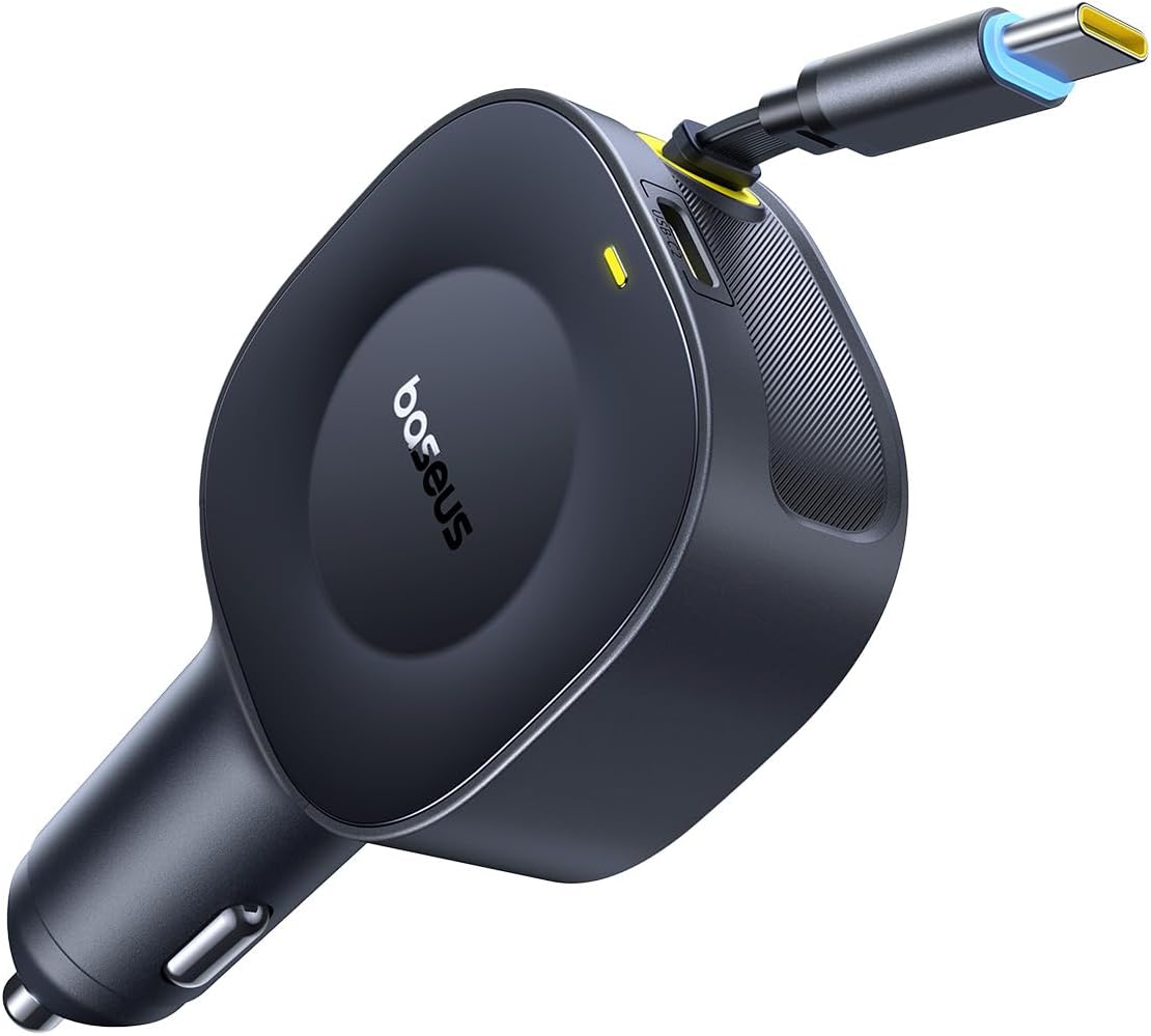 Baseus Ultra-Mini Retractable Car Charger USB C, 60W Fast Charging Car Charger with Retractable USB C Cable for iPhone 16 15 14 Pro Max, Samsung Galaxy S25 Ultra, Android, iPad, AirPods