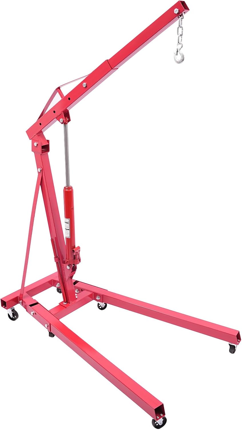 LOYALHEARTDY 1 Ton Hydraulic Engine Hoist, Folding Engine Lift with 6 Wheels, Heavy Duty Steel Shop Engine Crane, Cherry Picker Engine Hoist for Garage, Workshop, 2200 LBS (Red, 1 Ton)
