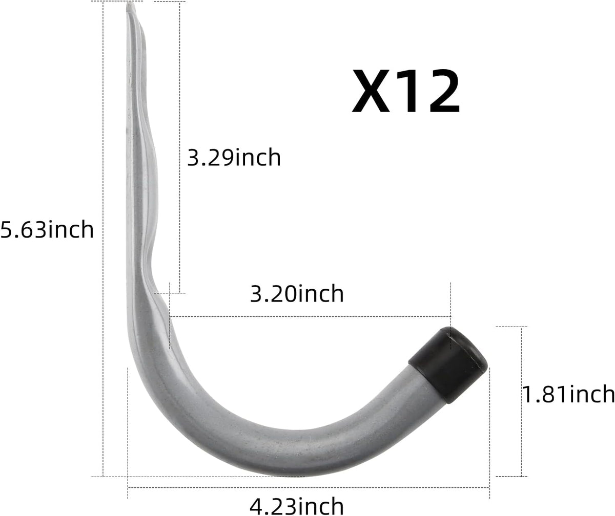 HOME MASTER HARDWARE 12 Pack 4-Inch Heavy Duty Garage Storage Wall Hooks, Steel J Utility Hooks for Hanging Ladders, Tools, Bikes, Grey