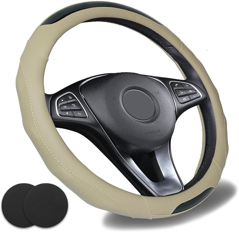 Car Steering Wheel Cover with Cup Coasters, Universal 15 inch Leather Carbon Fiber Steering Wheel Covers Comfort Grip Breathable Anti-Slip Steering Wheel Accessories for SUV Truck Van Auto - Beige